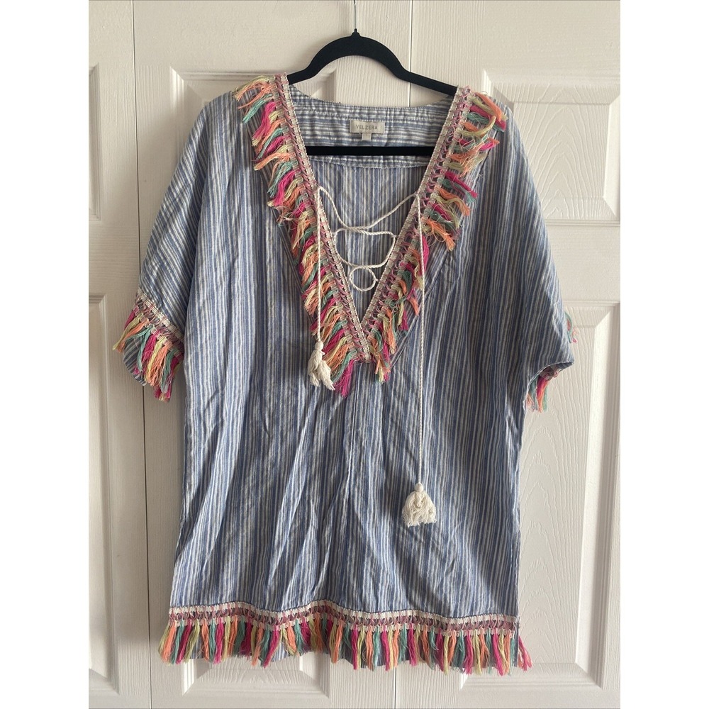 Velzera Boho Striped Tunic Top Womens Size L Blue White Fringe Lace Up Beach